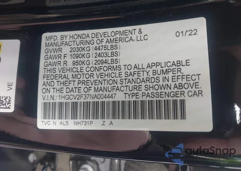 2022 Honda Accord Sport 2.0T из США, поврежденный, VIN 1HGCV2F37NA004447